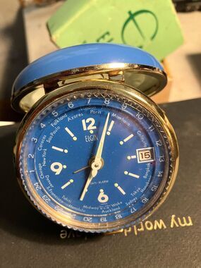 Elgin Travel Alarm Movement Mechanical Manual Wind World Time Blue Japan T833